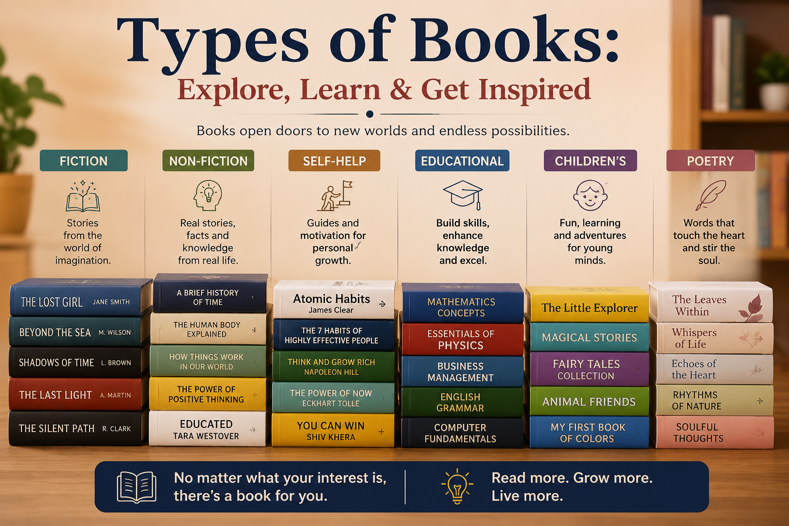 Types of books infographic displaying fiction, non-fiction, self-help, educational, children's books, and poetry genres with colorful book collections.